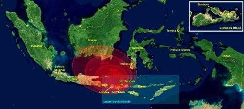 The eruption of Mount Tambora in 1815. The red areas on the map indicate the thickness of the volcanic ash