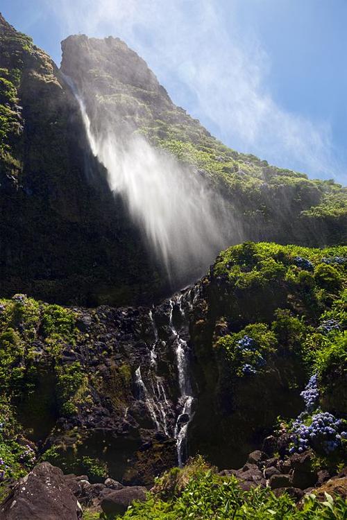 Waterfall 'Cascata do Poço do Bacalhau', one of the many waterfalls in Flores, Azores