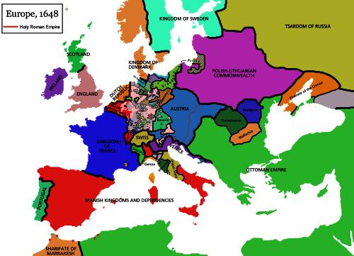 Map of Europe after the Peace of Westphalia in 1648; Bavaria colored green west of 'Austria'
