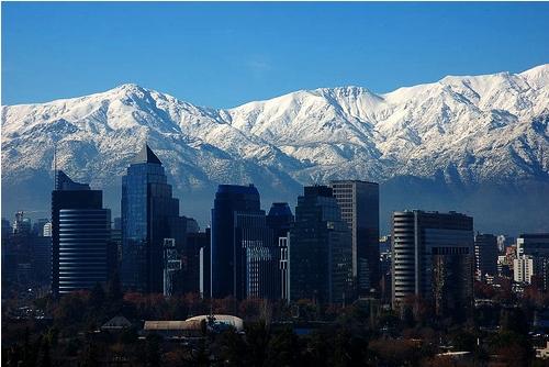 Skyline Santiago with mountain peaks of the Andes behind it
