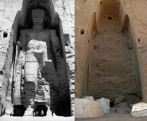Buddha statues of Bamiyan, before and after the destruction