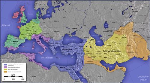 Empire of the Sasanians (light yellow: Sasanians; dark yellow: vassals) 