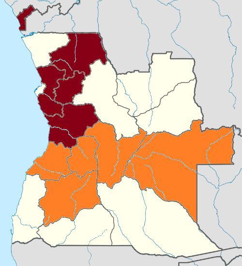 Coffee production areas in Angola. Robusta coffee marked brown, Arabica coffee marked orange