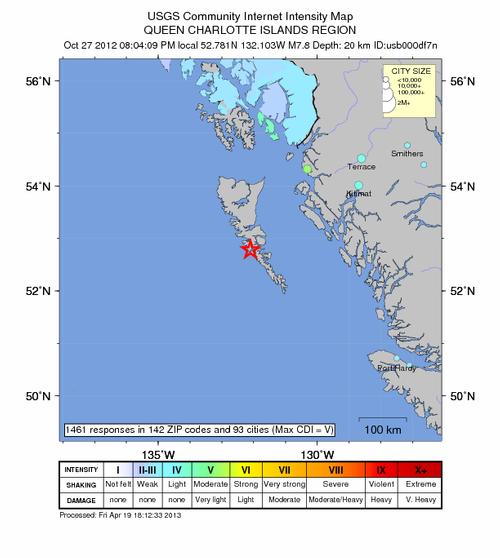 Data from a 2012 earthquake off the Queen Charlotte Islands, British Columbia