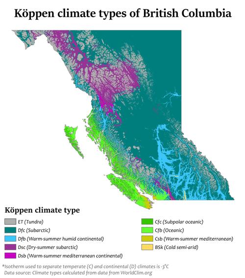 Climate types in British Columbia according to Köppen