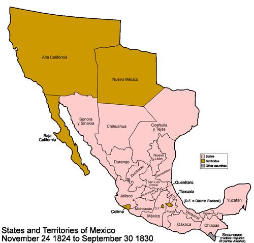 Mexico at the beginning of the 19th century, with Alta California to the northwest