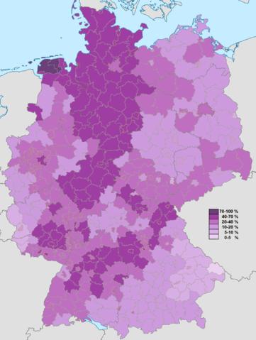 Percentage of the Protestant population at the district level according to the results of the 2011 census in Germany