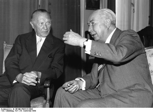 Konrad Adenauer (1876-1967), first chancellor of West-Germany West-Duitsland, and Theodor Heuss, first federal president of West-Germany-Duitsland