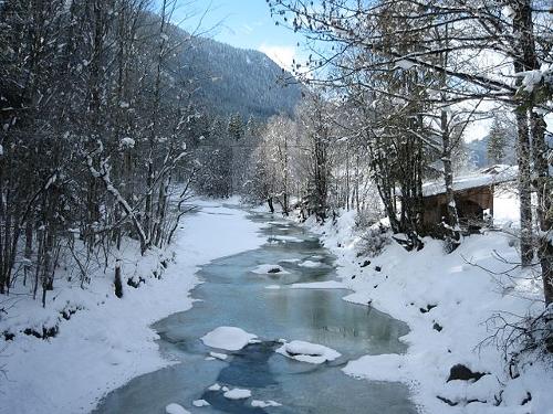 Winter landscape river Jachen in Bavaria, Germany