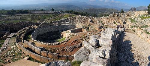 The Grave Circle A, and the main entrance of the citadel (left), at Mycenae.