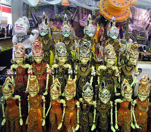 Rows of Wayang Golek display, the Sundanese wooden puppet from West Java, Indonesia,