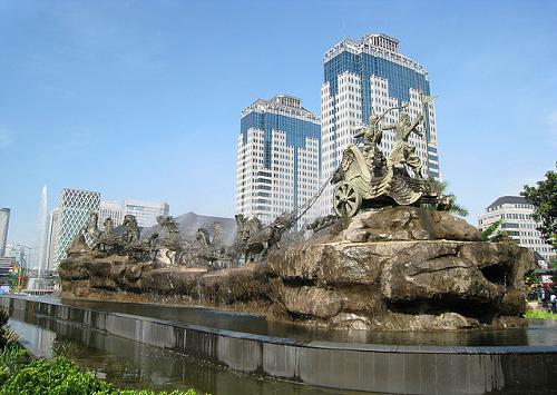 Arjuna Wijaya chariot statue and fountain in the center of Jakarta 