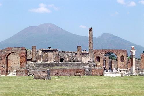 Pompeii with the volcano Vesuvius in the background, Naples, Italy 