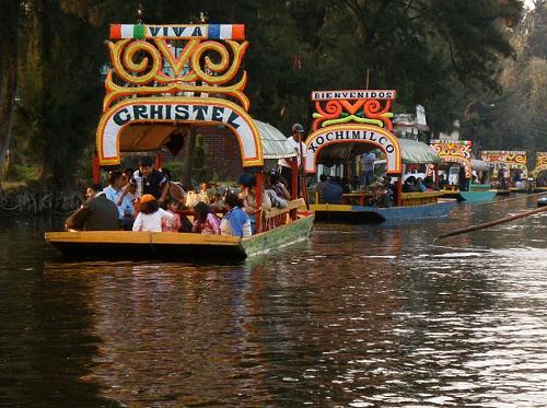 Trajinera on one of the canals of Xochimilco, Mexico