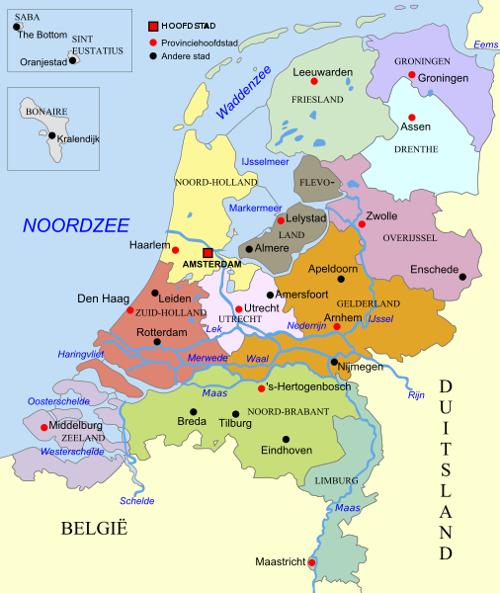 Map of the Netherlands with Provinces and capitals of provinces