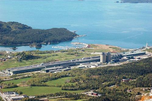 View of the aluminium factory Sør-Norge Aluminium AS at Husnes, Norway