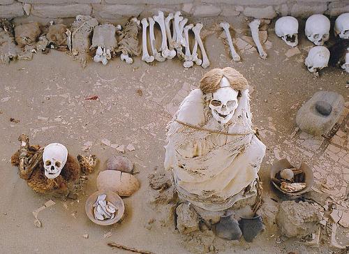 Nazca culture mummies and skulls cemetry in Peru