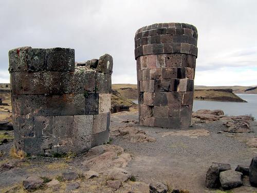 Pre-Hispanic funeral towers overlooking Lake Umayo at the Sillustani Archaeological Site northwest of Puno, Peru