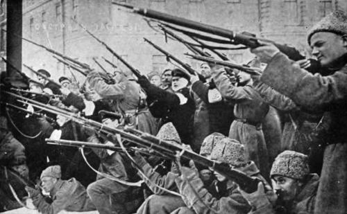 Revolutionaries attacking the Tzar's police during the first days of the Revolution, Russia