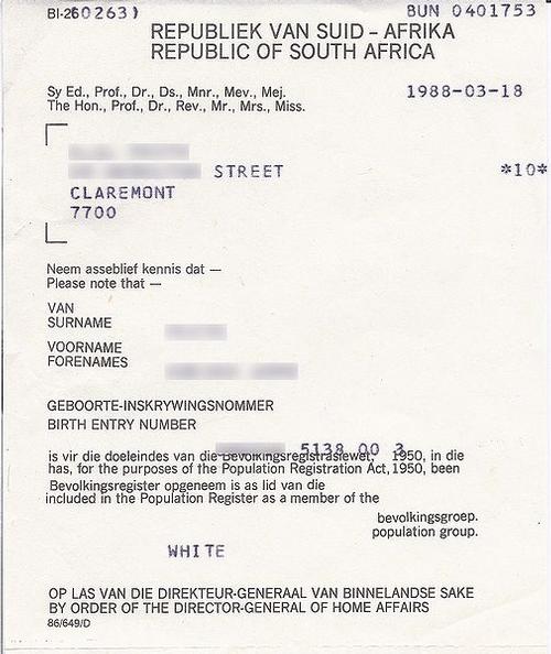 Example of a form of the racist Population Registration Act, South Africa