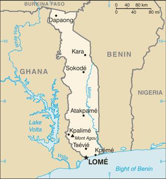 Map of Togo with course of Mono River