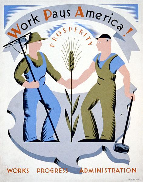 Poster for Works Progress Administration encouraging laborers to work for USA, showing a farmer and a laborer, USA