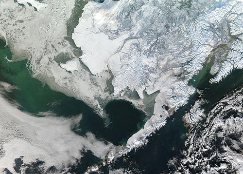 Satellite photo of a winterly Alaska, USA