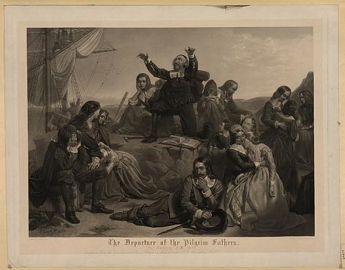 Departure scene from 1620 of Pilgrim Fathers to the United States
