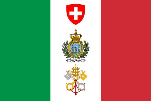 Flag of the Italian language: with the Italian flag and from top to bottom the coats of arms of Switzerland, San Marino and Vatican City