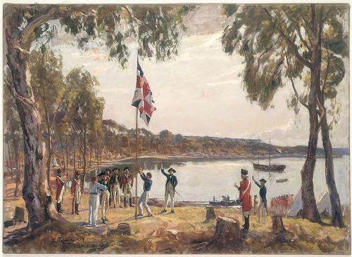 Captain Arthur Phillip plants flag in Sydney Cove
