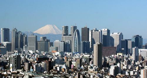 Skyscrapers in Shinjuku, Tokyo, with Mount Fuji in the background